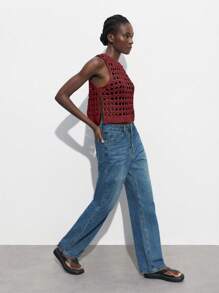 Maija Top de damas de estilo informal de vacaciones con cuello redondo, abertura lateral, corta, hollow, transparente, color rojo burdeos - Burdeos - Ver 3