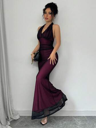 Rafferiza 优雅贴身鱼尾荷叶边 V 领收腰褶皱针织网眼玫瑰红衬里连衣裙，女式秋冬