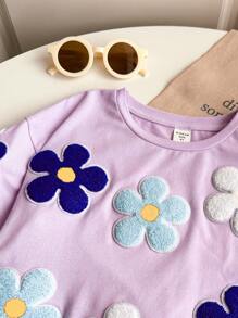 2pcs/Set Young Girl Solid Color Crew Neck 3D Flower T-Shirt And Shorts Set