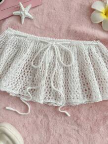 Sweetina Conjunto de falda y suéter de ganchillo calado de color blido para mujer, estilo bohemio de verano para la playa en Hawái