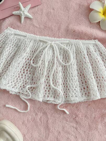 Sweetina Summer Hawaii Beach Boho Cute White Women's Solid Color Hollow-Out Knitted Cover Up Crochet Sweater Skirt Set For Beach Vacation, Holiday Clothes, Festival