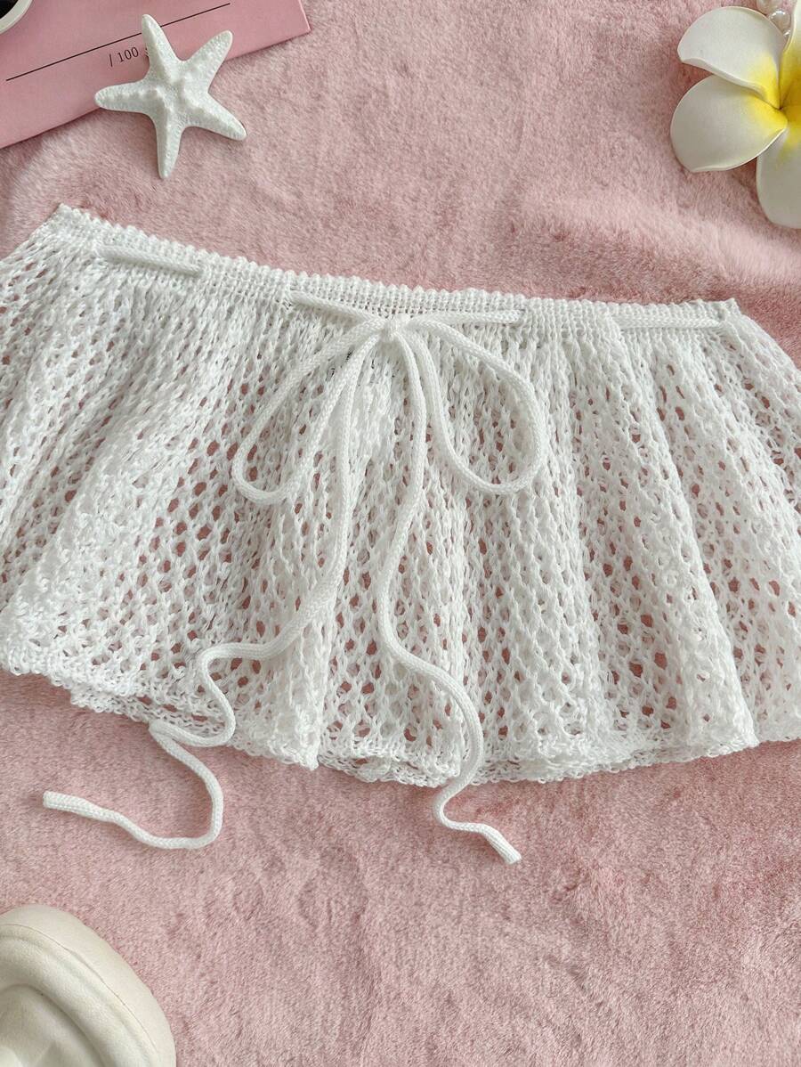 Sweetina Conjunto de falda y suéter de ganchillo calado de color blido para mujer, estilo bohemio de verano para la playa en Hawái