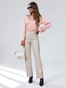 SHEIN Privé 长袖女式纯色衬衫优雅商务休闲女式纽扣衬衫 - 粉色 - 查看 3