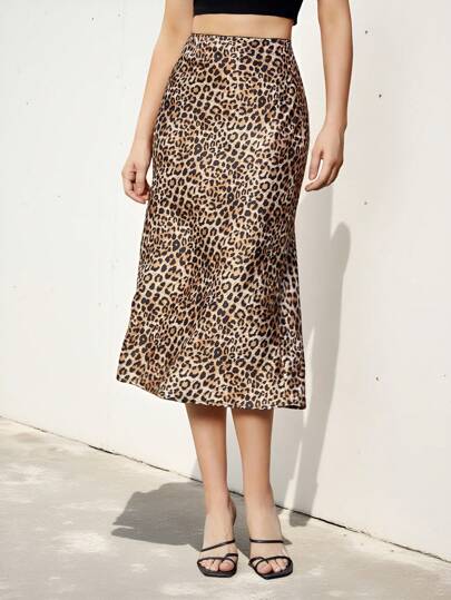 Aveloria Modichic Falda midi elegante de tiro alto con estampado de leopardo y cola de pez para mujer