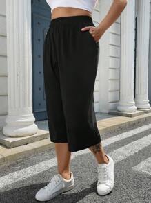 EMERY ROSE Plus Size Women's Solid Color Elastic Waist Pocket Capri Casual Pants