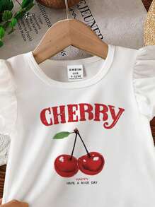 Baby Girl Cherry Blossom & Letter Print Crew Neck Short Cap Sleeve Casual Top