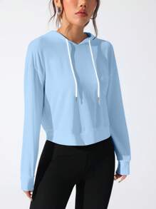 SHEIN Sovereign Charm Women Letter Print Open Back Long Sleeve Hooded Sports Sweatshirt - Blue - View 4