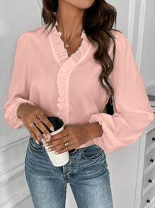 SHEIN Clasi Women's Western Country Casual Elegant Ruffle Collar Solid Color Lantern Sleeve Long Sleeve Blouse, Summer - Coral Pink - View 5