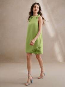 Anewsta Elegantes 3D-Blumen-Dekor A-Linienminikleid für Party, Sommer, Lässig, Festival, Urlaub, Strand - Grün - Übersicht 4