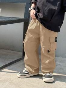 SHEIN Boys Casual Versatile Solid Color Cargo Pants - Khaki - View 6