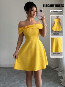 Elenzga 1件优雅露肩黄色短款连衣裙 - 黃色 - 查看 1