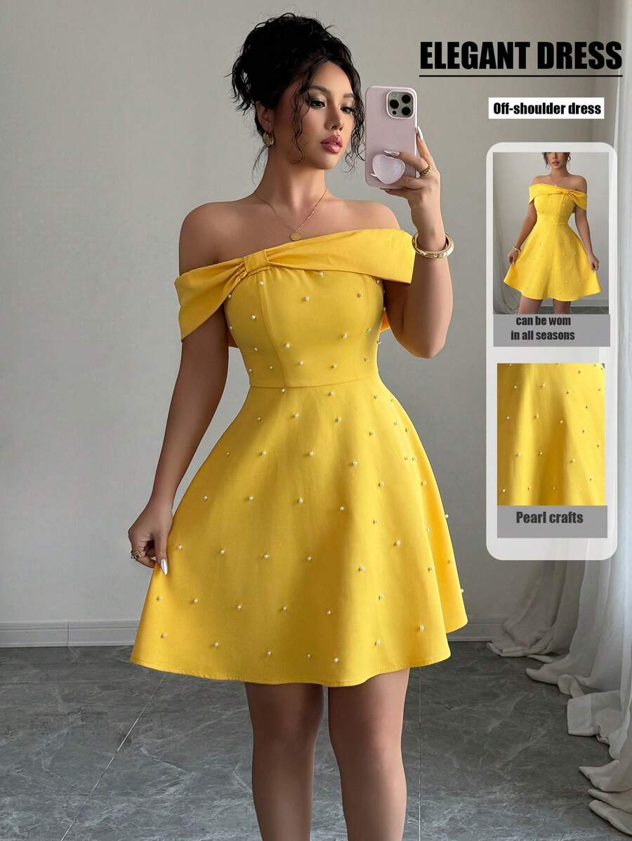 Elenzga 1件优雅露肩黄色短款连衣裙 - 黃色 - 查看 1