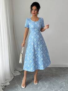 Elenzga 蓝色3D压花面料方领女式短袖A字连衣裙 - 藍色 - 查看 5