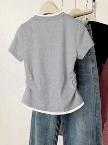 INAWLY Women's Waist Gathered Bowknot Print Versatile T-Shirt - Multicolor - View 2