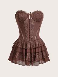 SHEIN ICON ชุดมินิเดรสผ้าลูกไม้วินเทจเลเยอร์รับกับชุดเกาะอก