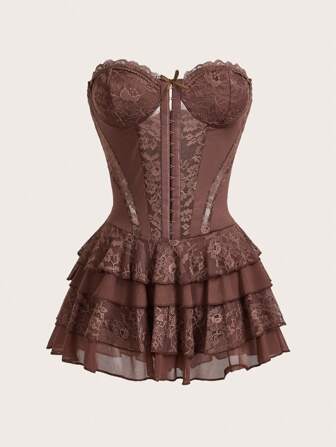 SHEIN ICON Vintage Layered Lace Patchwork Bustier Waist Mini Dress