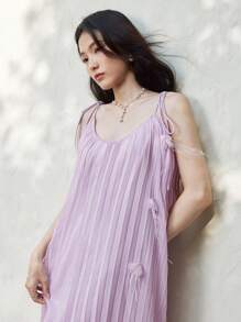 SHEIN LUNE Women's Loose Floral Tie Shoulder Pleated Long Dress Beach Outfits For Woman - Purple - View 1