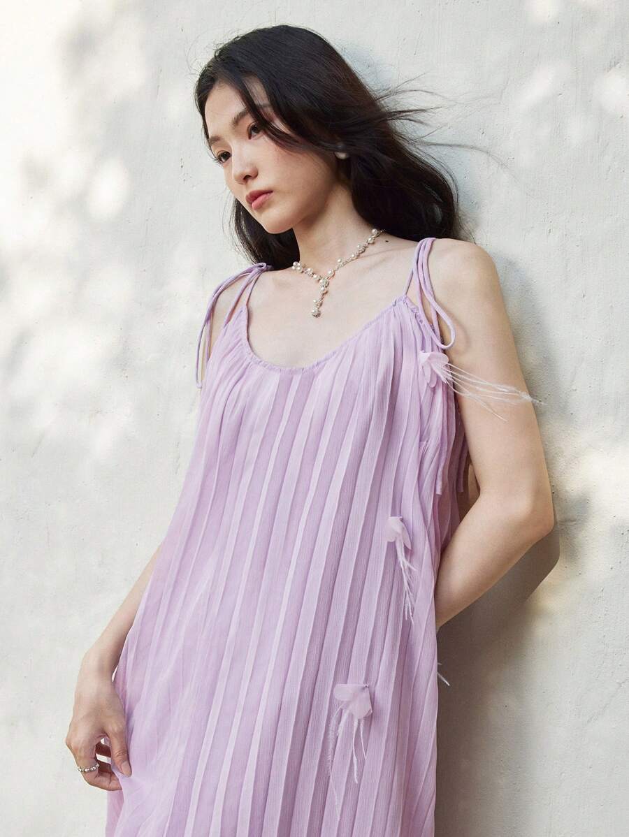 SHEIN LUNE Women's Loose Floral Tie Shoulder Pleated Long Dress Beach Outfits For Woman - Purple - View 1