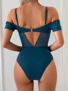 Swim Basics Traje de baño de una pieza para mujer con hombros descubiertos, manga corta, tejido de malla y efecto de corset