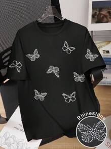 INAWLY Women's Fashionable Versatile Butterfly Rhinestone Decor Short Sleeve T-Shirt, Suitable For Summer - Black - View 1