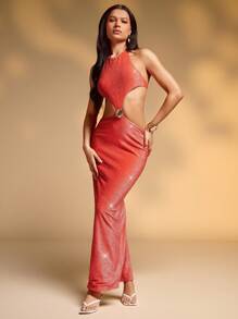 Hauture Vestido Longo Recortado com Brilho em Tricô com Enfeite de Concha - Laranja - Visão 1