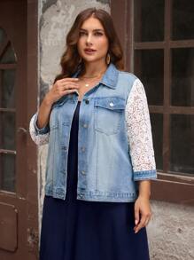 EMERY ROSE Áo khoác denim bó tay 3/4 màu xanh nhạt thêu ren Leisure & Holiday - Rửa nhẹ - Xem 5