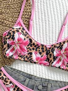 Swim Mod 2pcs Women's Random Printed Sexy Spaghetti Strap High Cut Bikini Set, Summer Swimwear - Multicolor - View 3