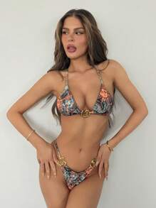 SHEIN ICON 2 件 Y2k 夏季夏威夷海滩波西米亚风佩斯利印花太阳脸印花女式露背比基尼套装 - 彩色 - 查看 6