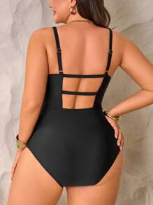 Swim Lushoire Plus Size Women Solid Color Spaghetti Strap One-Piece Swimsuit - Black - View 1