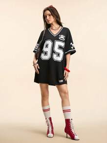 Paul Frank X SHEIN Women's Casual Sports Street Game Letter & Number Graphic  Monkey & Casual Black Loose V-Neck Short Sleeve T-Shirt Dress For Summer