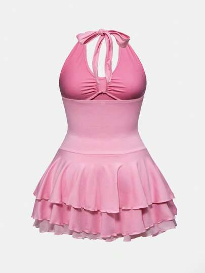 J-Fashion Plus Size Women Punk Cross Decor Multi-Layer Mini V-Neck Dress