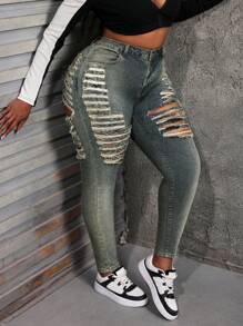 Slaydiva Plus Size Women's Jeans Sexy Skinny Stretch Ripped Blue Jeans Women Tights Denim Jeans Women Tights Petite Women Pants Petite Women Pants Summer Women Clothes Ripped Women Jeans Women Tights - Dark Wash - View 4