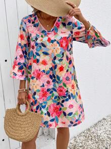 Breezaya 女式节日花卉印花V领喇叭袖休闲连衣裙 - 彩色 - 查看 4