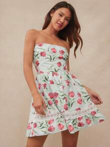 WESTFADE Spring Floral Print Contrast Lace Strapless Lace Up Cute Bow Tie Back A-Line Mini Country Western Cowgirl Dress - Royal Blue - View 1