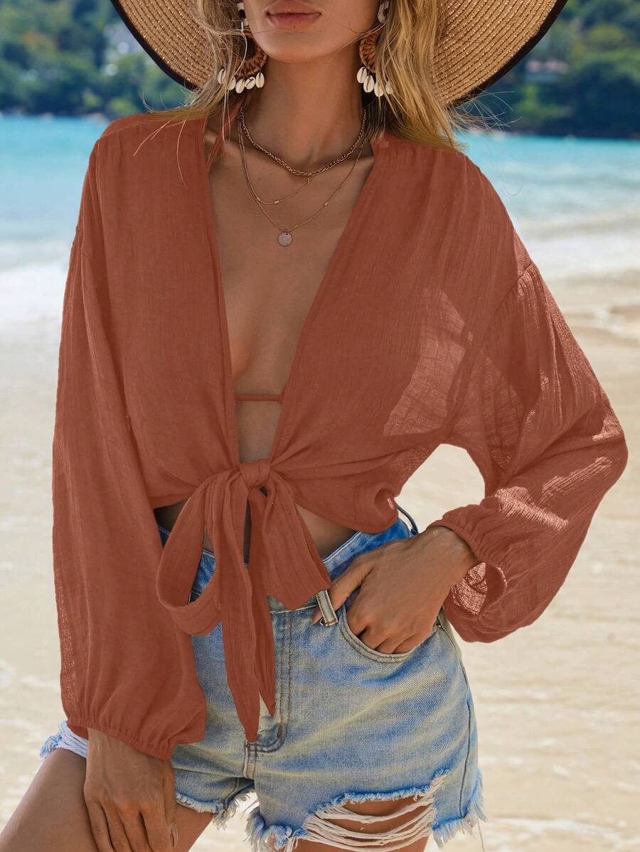 Swim Vcay 女式夏季度假前系带灯笼袖短款和服罩衫