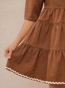 WESTFADE 西部牛仔风格方领半袖层叠荷叶边牛仔迷你娃娃裙春夏乡村音乐会服装