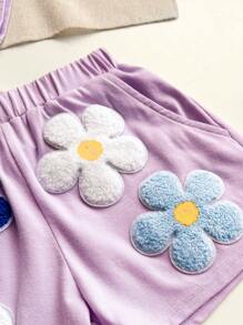2pcs/Set Young Girl Solid Color Crew Neck 3D Flower T-Shirt And Shorts Set
