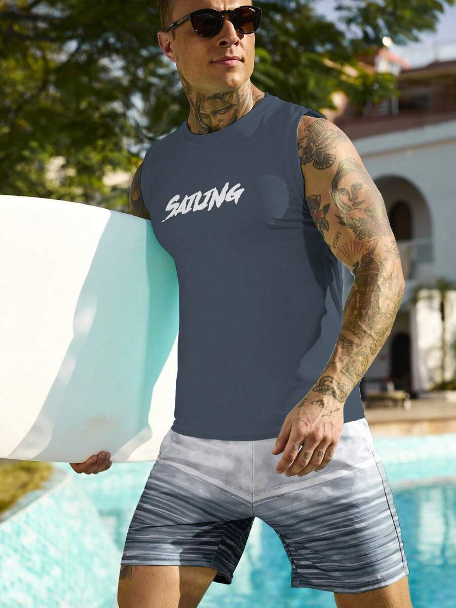 Manfinity Swimmode 2pcs Men's Summer Beach Letter Print Vest And Shorts Swimsuit Set, Hawaiian, Men Sailing Tank Top, Summer Tank Top Men, Men Beach Tank Top, Gym Tank Top Men - Dark Grey - View 1