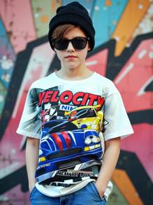 1 Piece Tween Boy Casual Sports College Street White T-Shirt With Graffiti Racing Pattern Suitable For Back To School Boys Suitable For Birthday Parties, Evening Parties, Performances, Weddings, Baptisms, Opening Ceremonies Daily Suitable For Daily Use Suitable For School Suitable For Travel Suitable For Sports Suitable For Spring And Summer Seasons