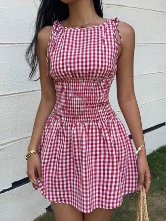 MainGRL Vestido mini casual de verano con estampado a cuadros para vacaciones