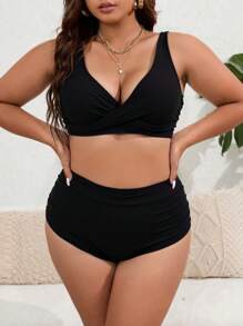 SHEIN Swim Curve Plus Size 2pcs Solid V-Neck Top And High Waist Shorts Women Summer Resort Bikini Set Sets - Black - View 5