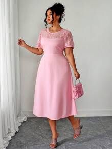 Elenzga Romantic Round Neck Ruched Elastic Waist Dress, Suitable For Spring/Summer - Pink - View 9