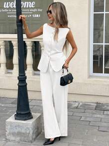 Serisse 2pcs Women Casual Commuting Solid Color Vest And Pants Set White Summer - White - View 4