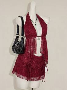 SHEIN ICON 女士日常两件套服装 - 酒紅色 - 查看 4