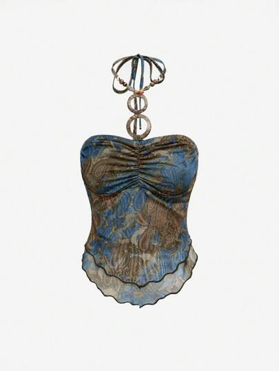 J-Fashion Women's Vintage Paisley Floral Print Halter Crop Top