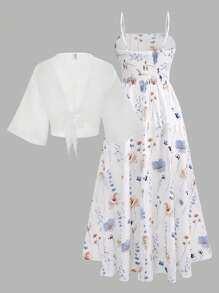 Franclia Plus Size Women Ditsy Floral Chiffon Dress And Elegant Two Pieces Set, Summer
