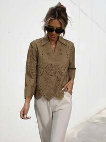 Aveloria Modichic French Elegant Elaborately Embroidery V-Neck Asymmetric Hem Long Sleeve Blouse For Women  - Chocolate Brown - View 5