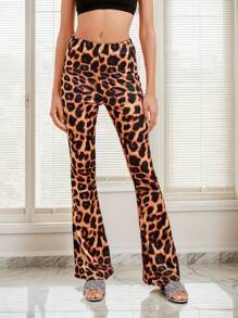 Easithlete Leopard Print Flared Leg Elastic Waist Sexy Skinny Pants - Brown - View 3