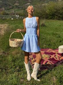 SHEIN EZwear Women's Solid Color Scoop Neck Casual Sleeveless Short Dress - Blue - View 5