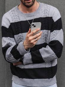 Manfinity Homme 男士宽松条纹圆领长袖休闲拼色套头毛衣，秋冬，工作装，丈夫装 - 黑色 - 查看 6